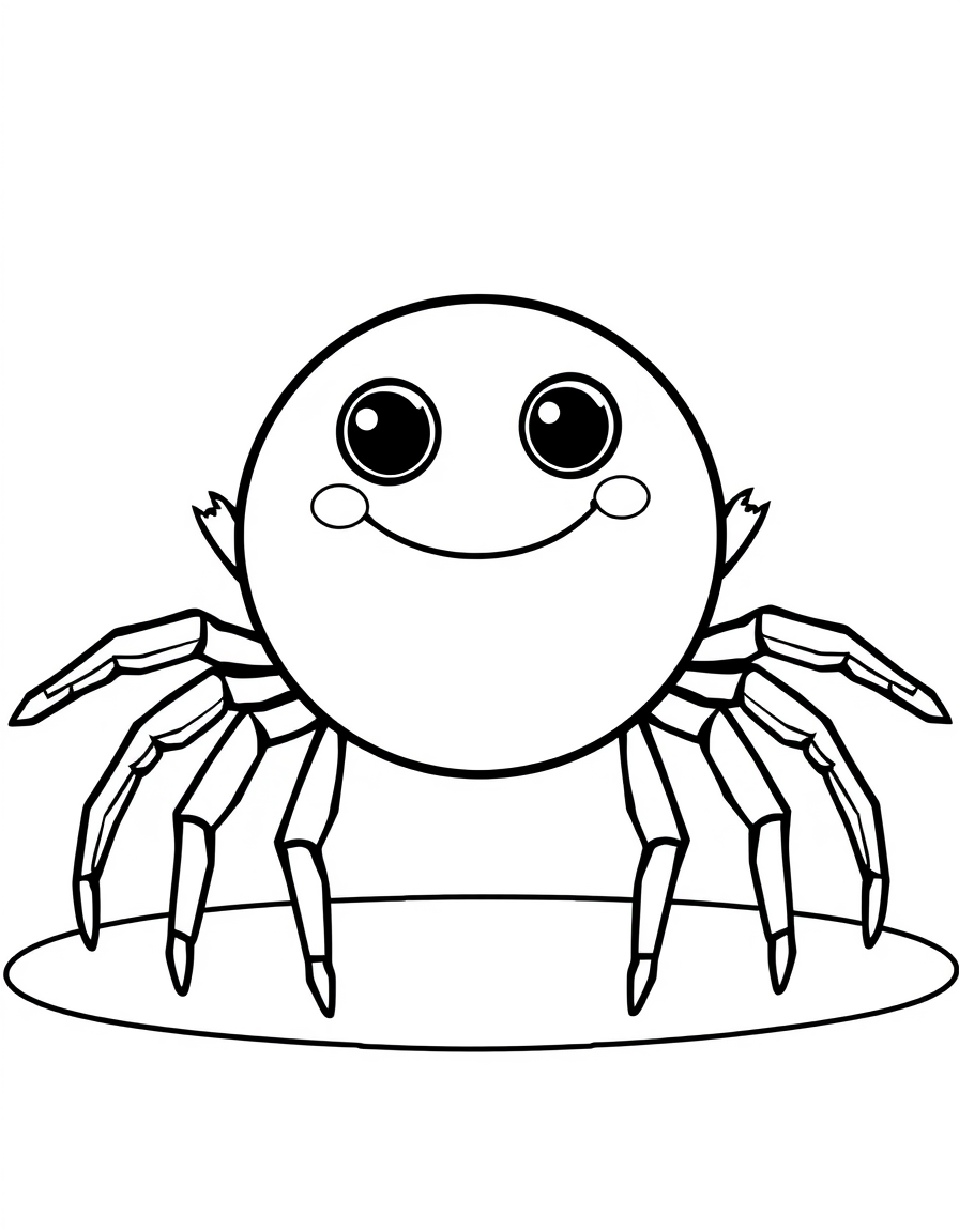 Smiling Cartoon Spider With Eight Round Legs black and white line art