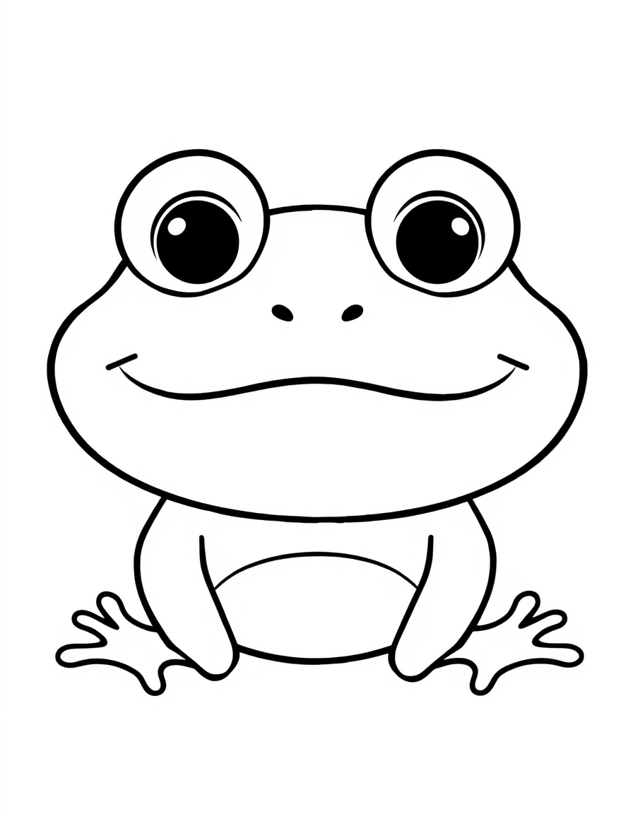 Coloring page of one large smiling frog face filling the sheet