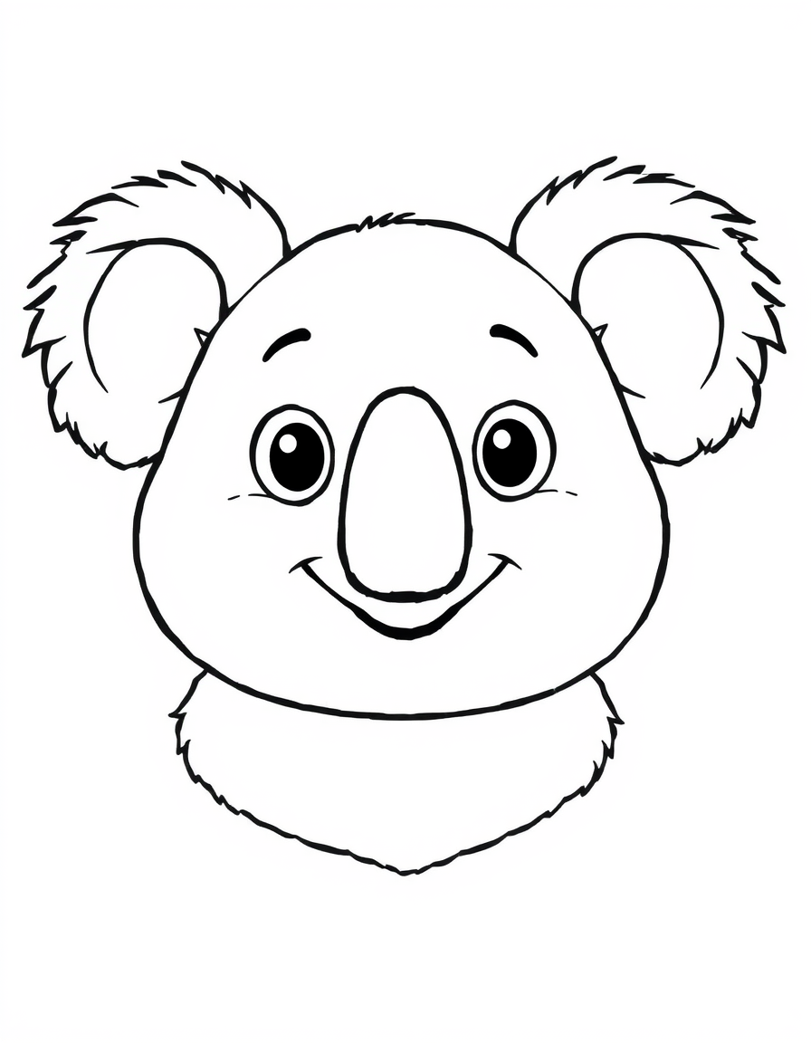 Coloring page of one large smiling koala face seen from the front