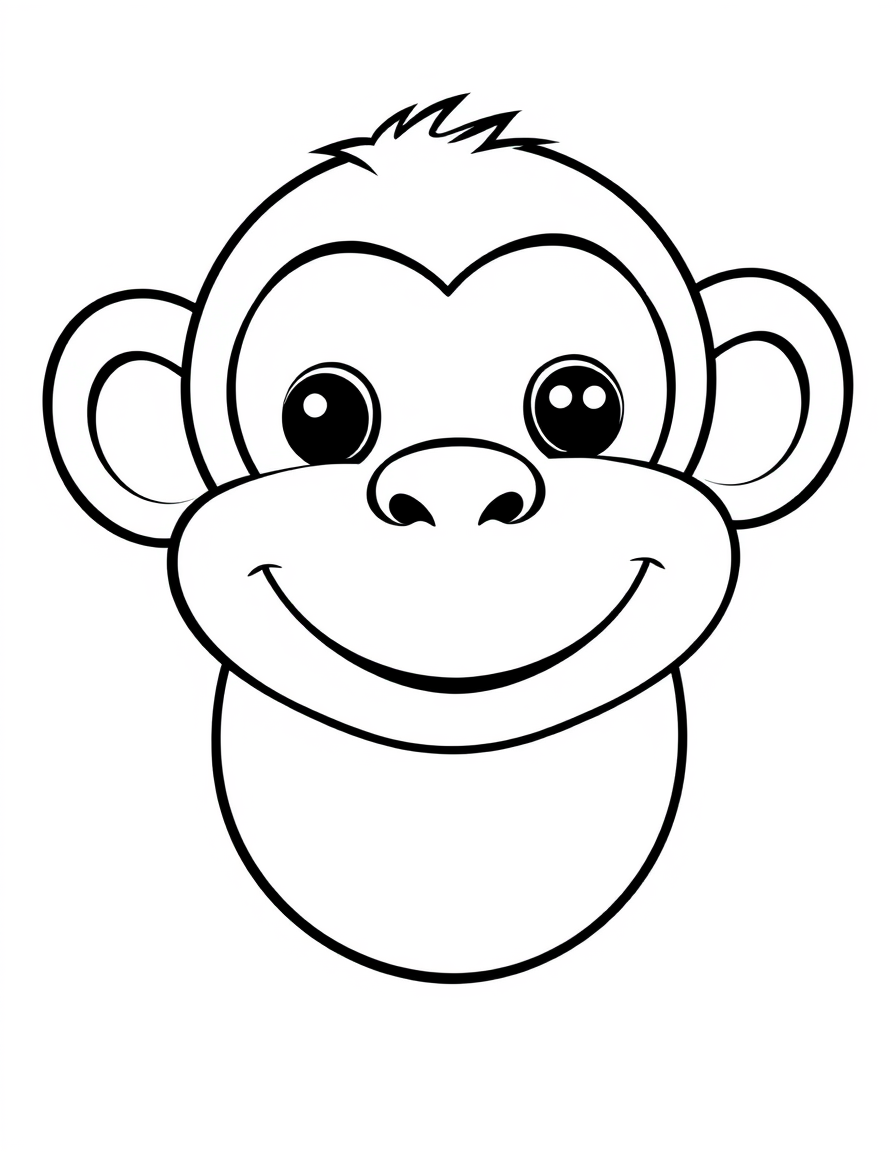 Coloring page of a large smiling monkey face seen from the front
