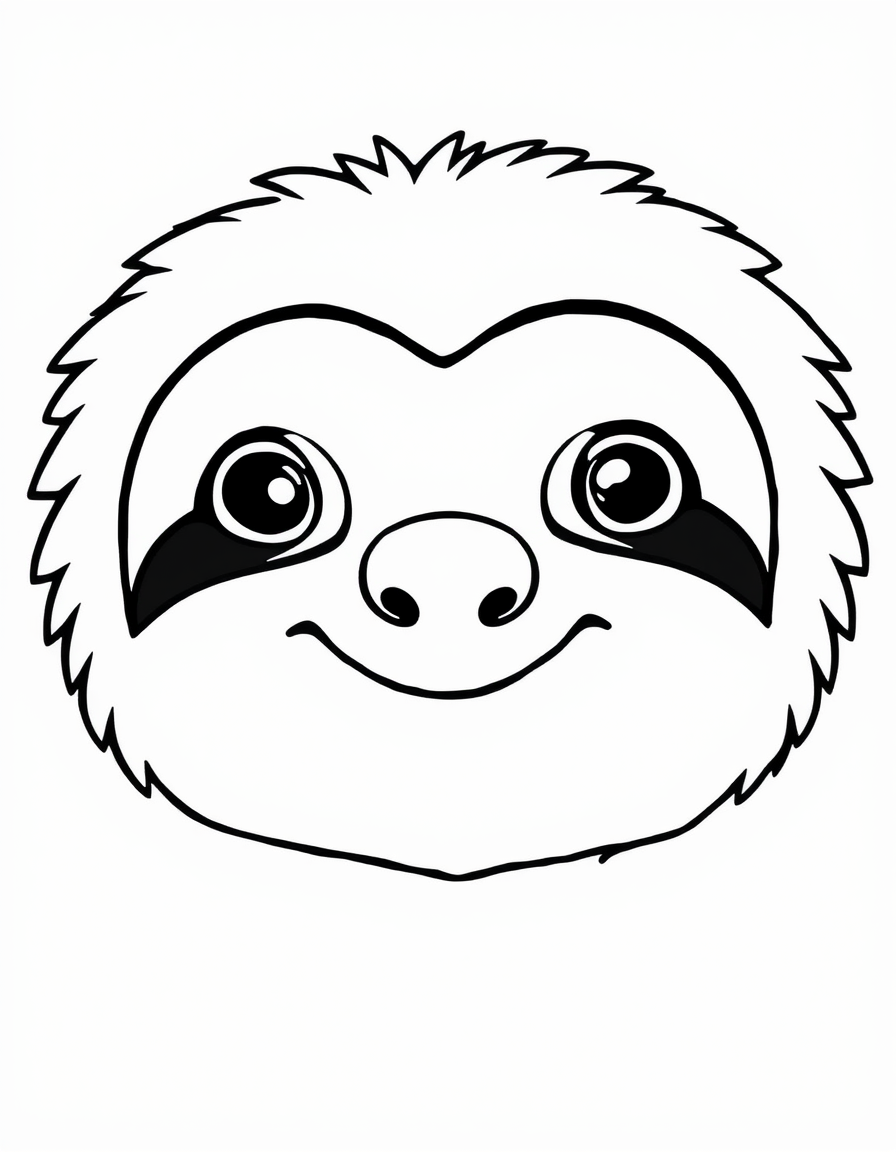 Smiling Sloth Face Close Up black and white line art