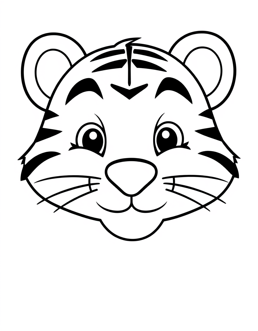 Smiling Tiger Face Close Up black and white line art