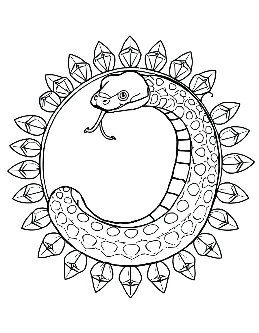 Coloring page of a snake coiled into a ring inside a round mandala frame