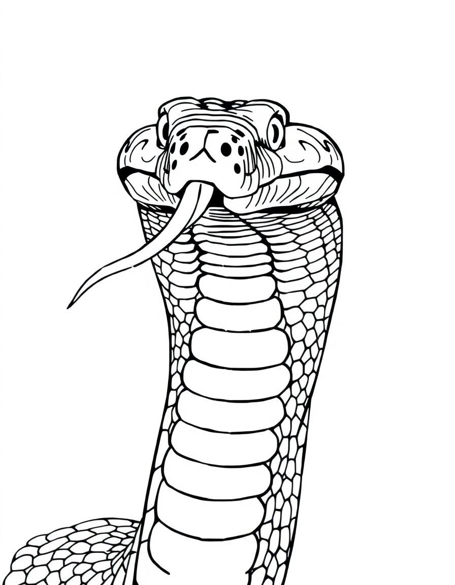 Close coloring page of a snake head raised with its tongue out and patterned scales