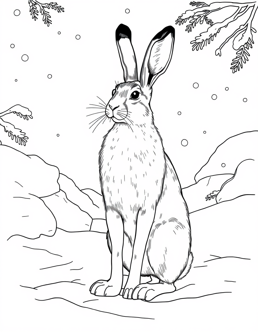 Black and white coloring page of snowshoe hare in a winter landscape