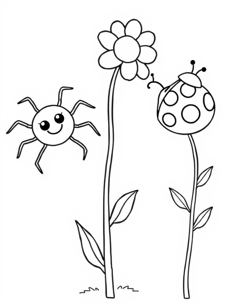 Spider and a Ladybug on a Flower Stem black and white line art