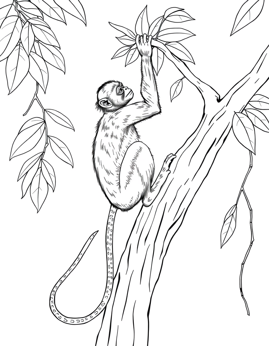 Detailed coloring page of a spider monkey climbing a rainforest tree with its tail wrapped around a branch