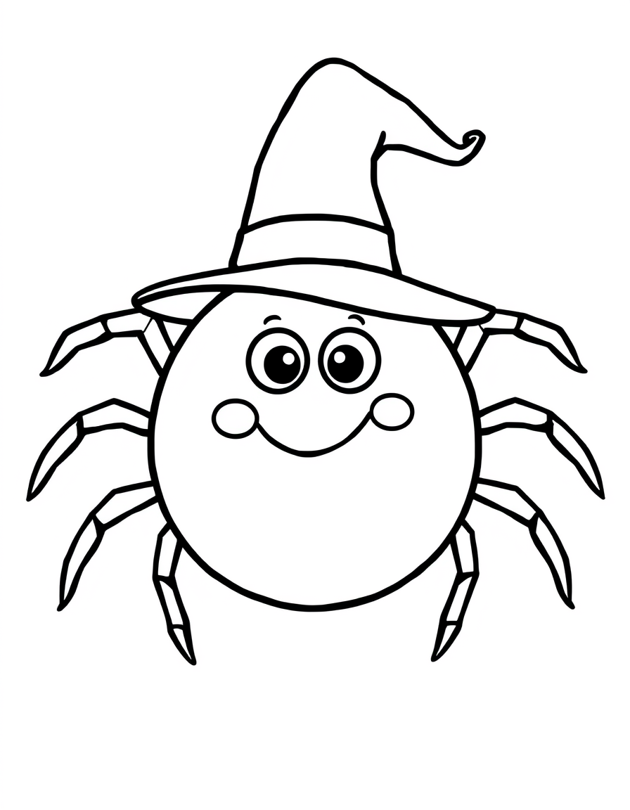 Spider Wearing a Witch Hat black and white line art