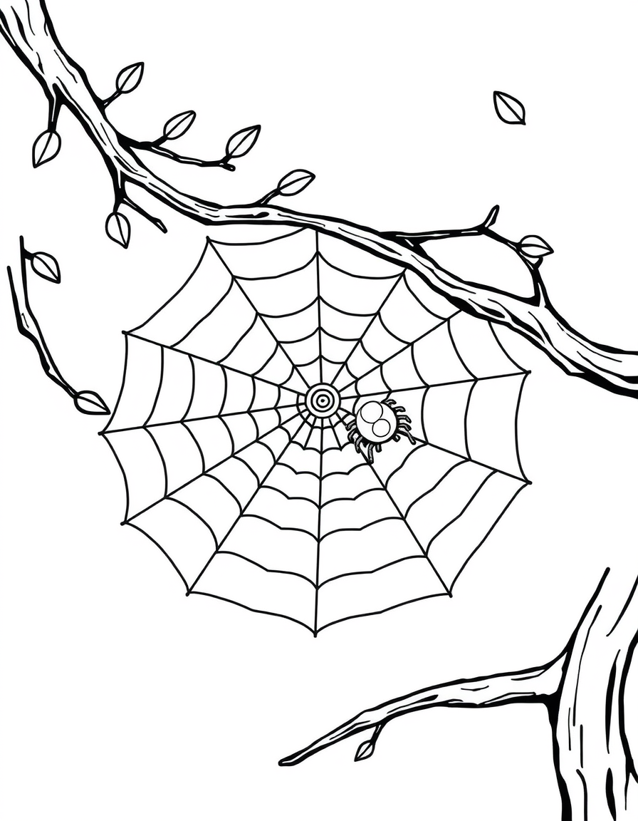 Spider Web Between Two Tree Branches black and white line art