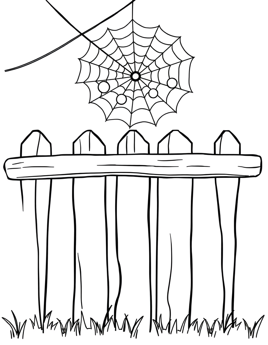 Spider Web on a Garden Fence With Dewdrops black and white line art