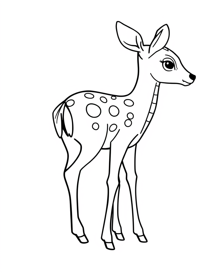Spotted fawn standing on thin wobbly legs, thick outline coloring page