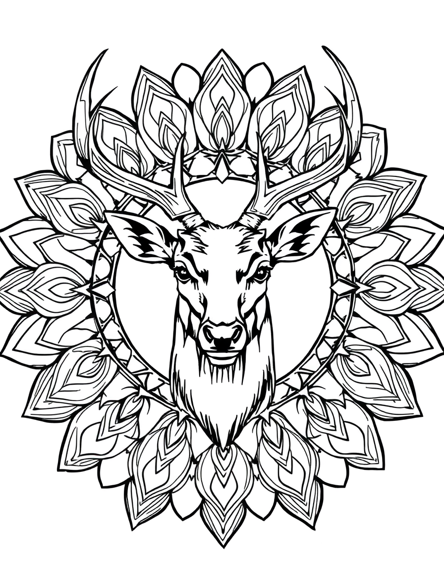 Stag Head Inside a Mandala Frame black and white line art