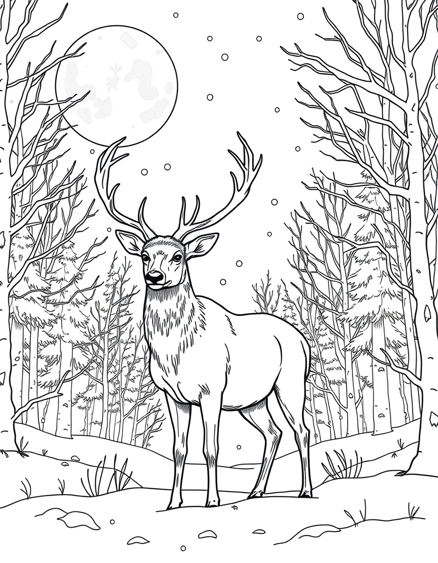 Stag Under a Full Moon in a Winter Forest black and white line art