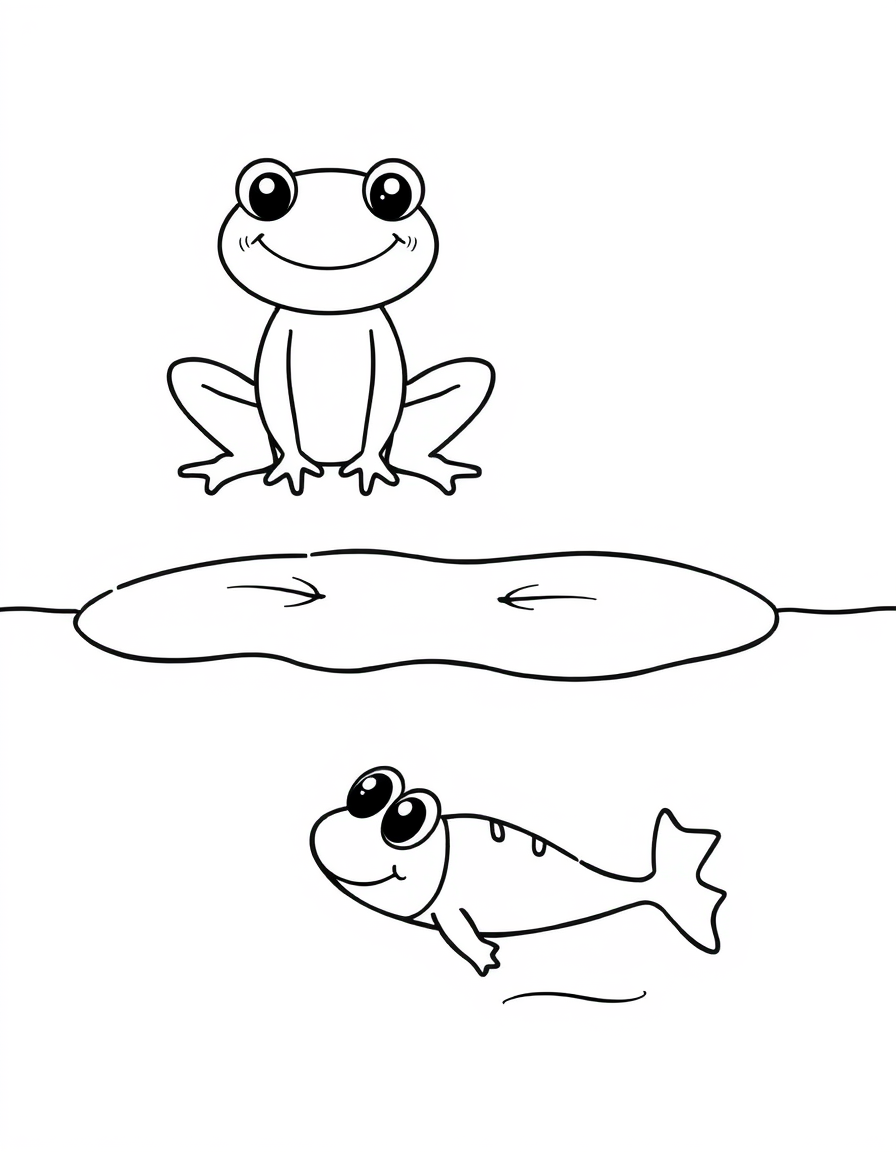 Coloring page of a frog sitting on a lily pad above the water with a fish swimming below