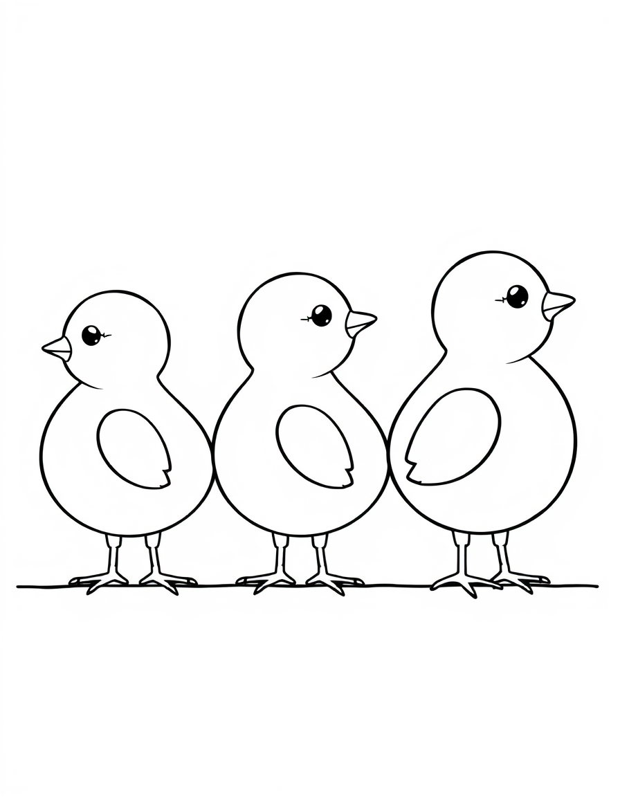 Coloring page of three baby chicks standing side by side in a row