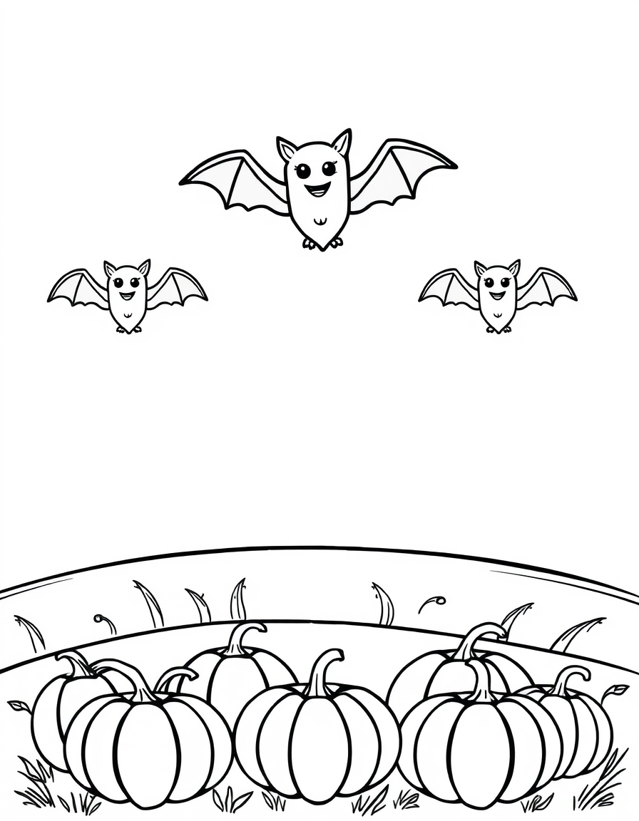 Three Bats Flying Over a Pumpkin Patch black and white line art