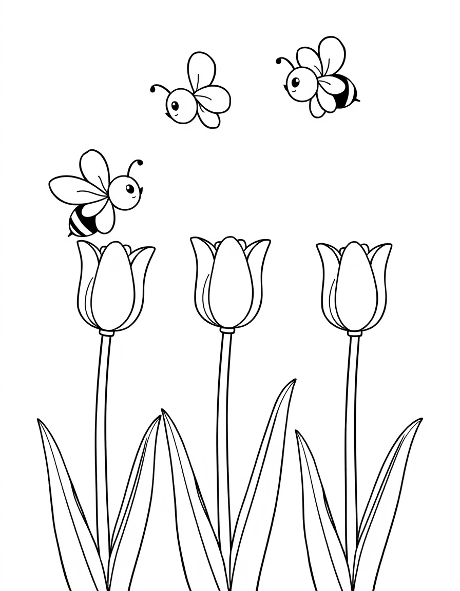 Three Bees Buzzing Over a Row of Tulips black and white line art