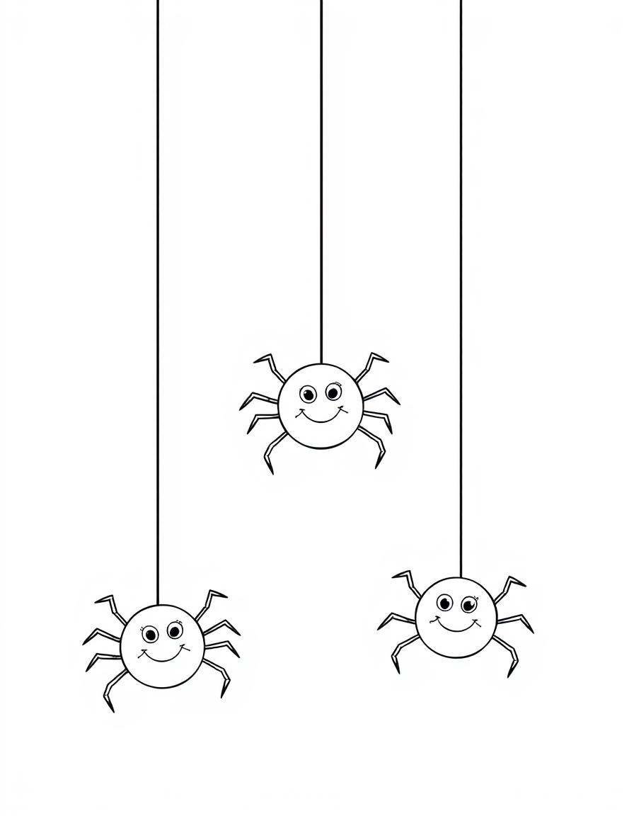 Three Halloween Spiders Dangling on Silk Threads black and white line art