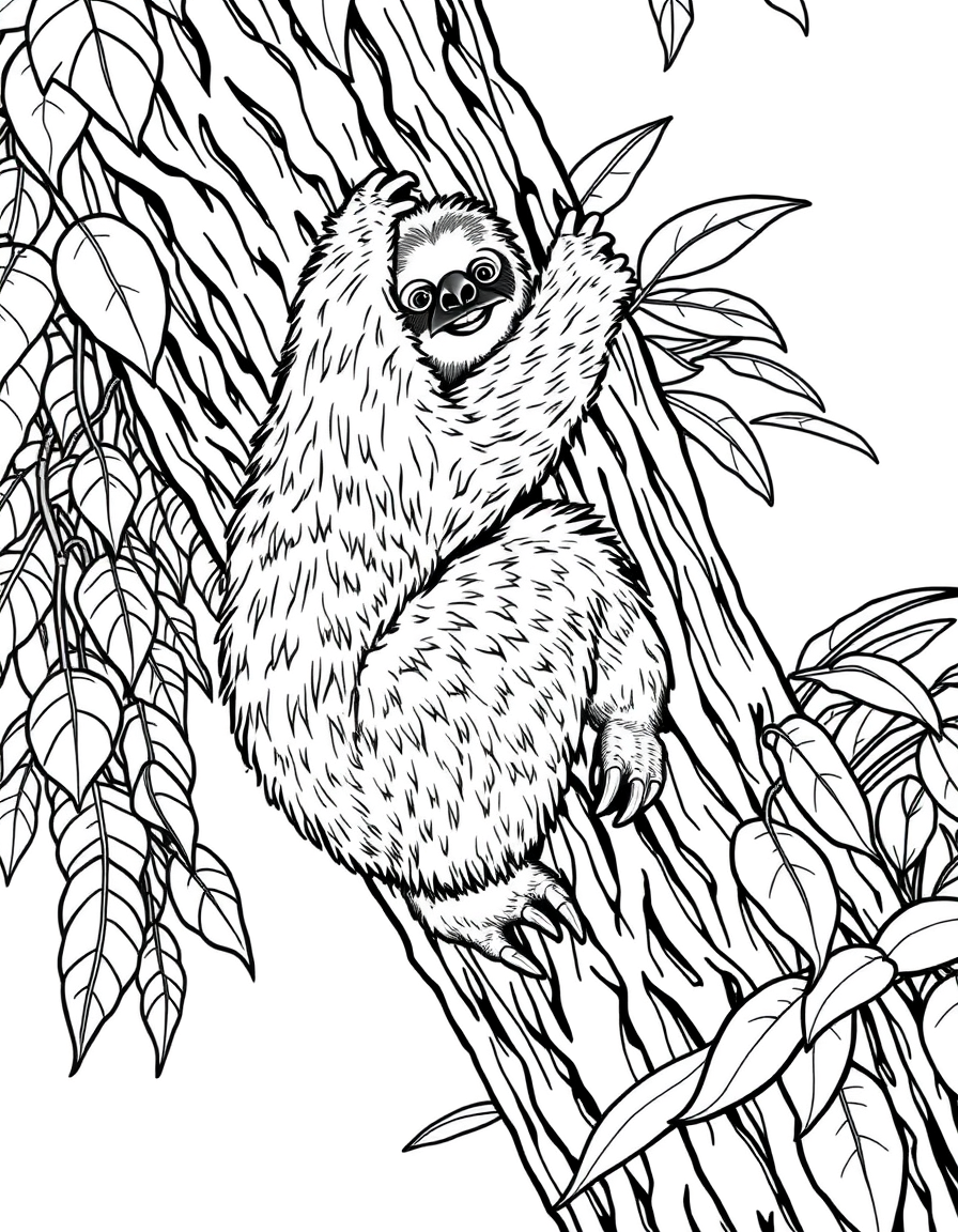 Three-Toed Sloth Climbing a Rainforest Tree black and white line art