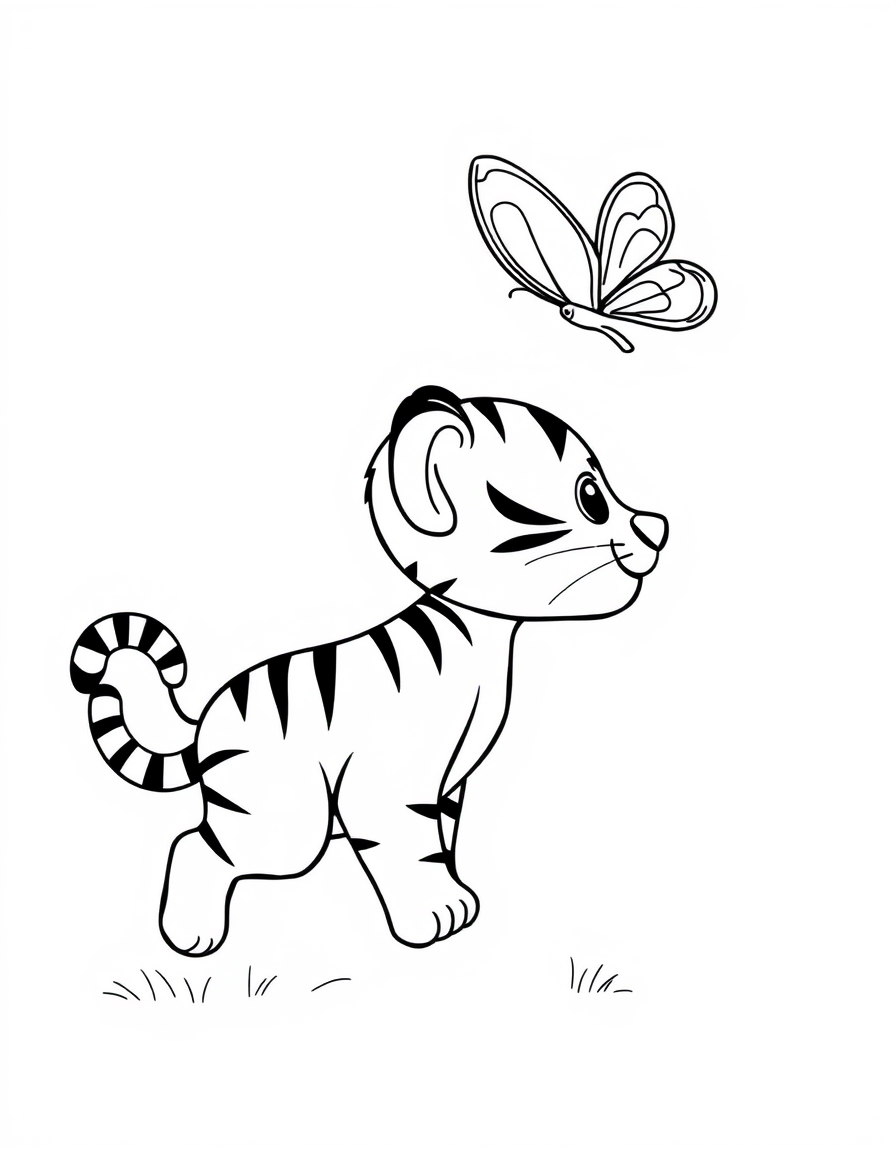 Tiger Cub Chasing a Butterfly black and white line art