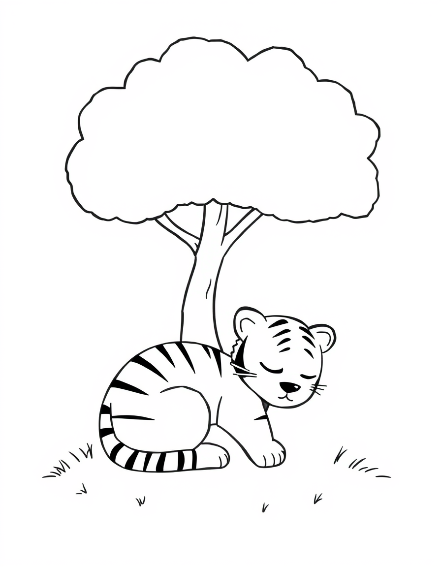 Tiger Cub Sleeping Under a Tree black and white line art