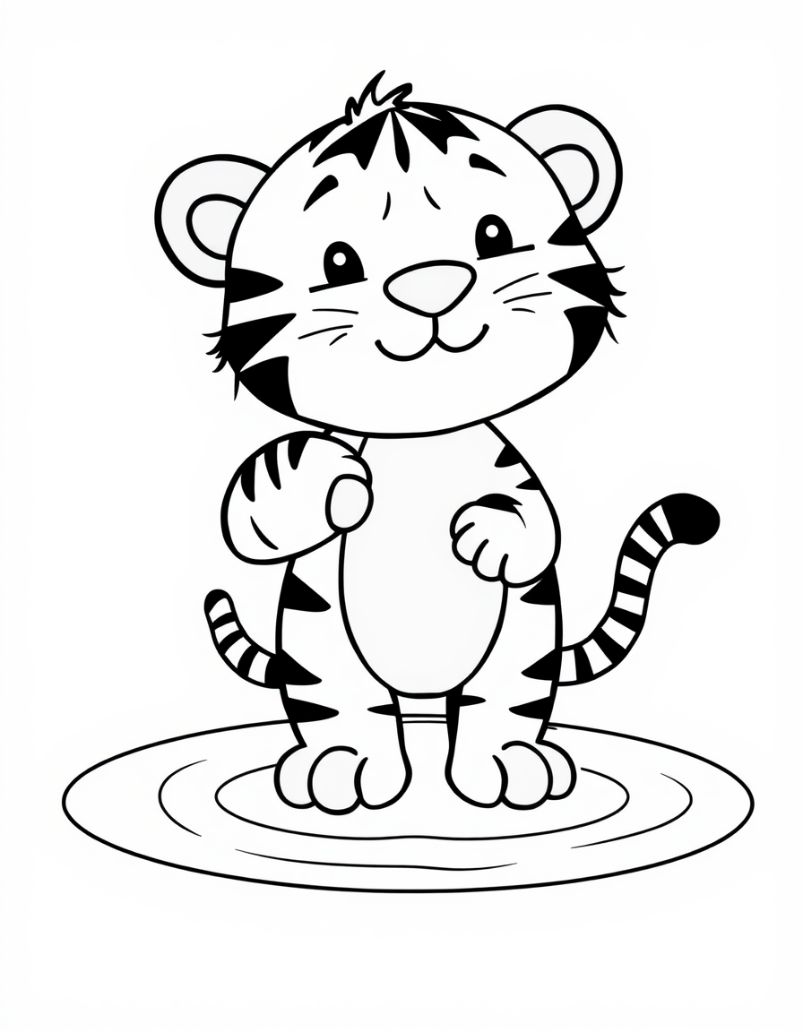 Tiger Cub Splashing in a Shallow Pool black and white line art