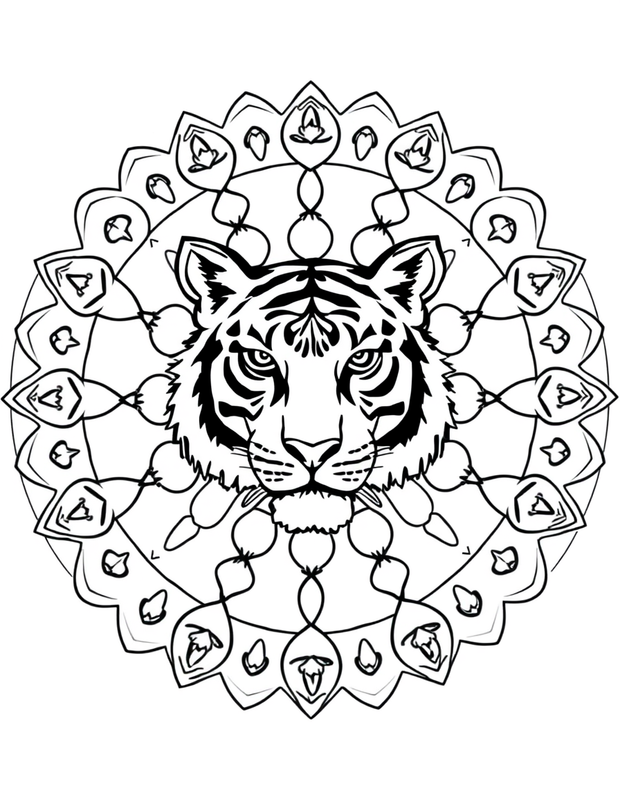 Tiger Mandala With Stripe Patterns black and white line art