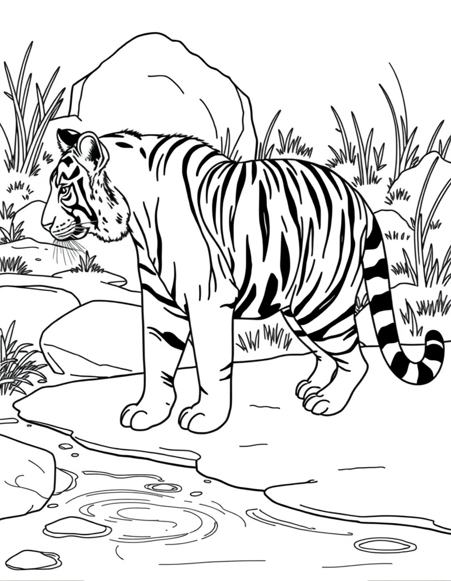 Tiger Pacing Beside Its Pool black and white line art