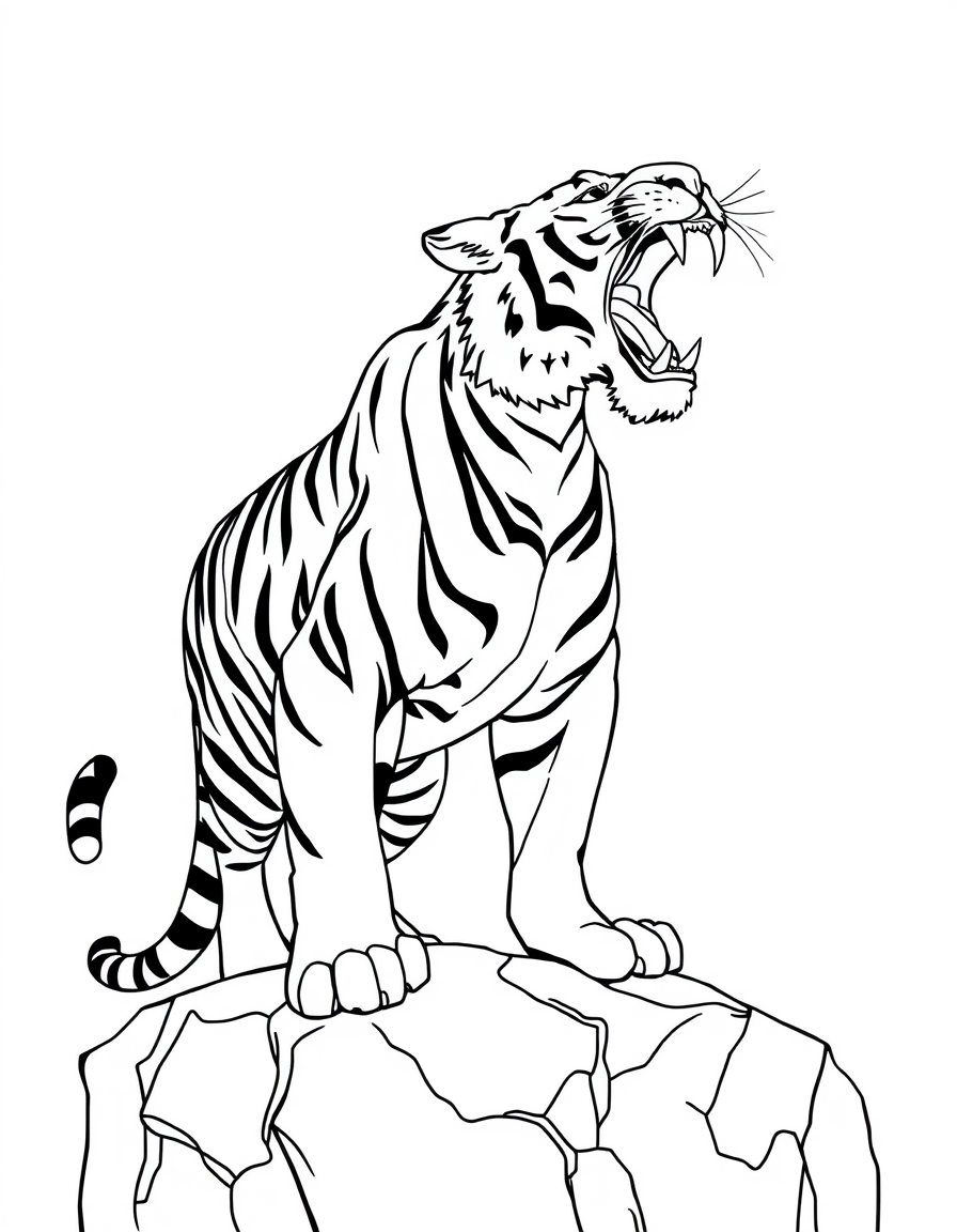 Tiger Roaring on a Rock Ledge black and white line art