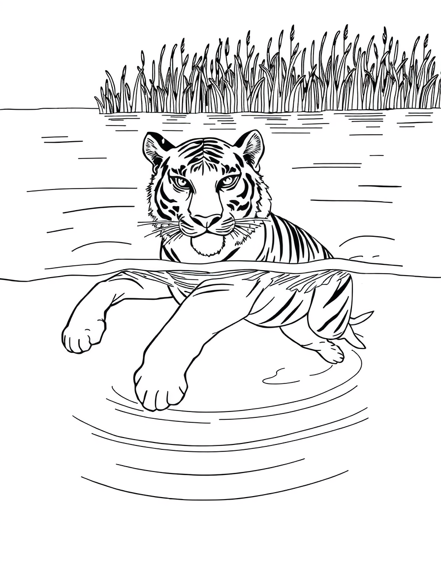 Tiger Swimming Across a River black and white line art