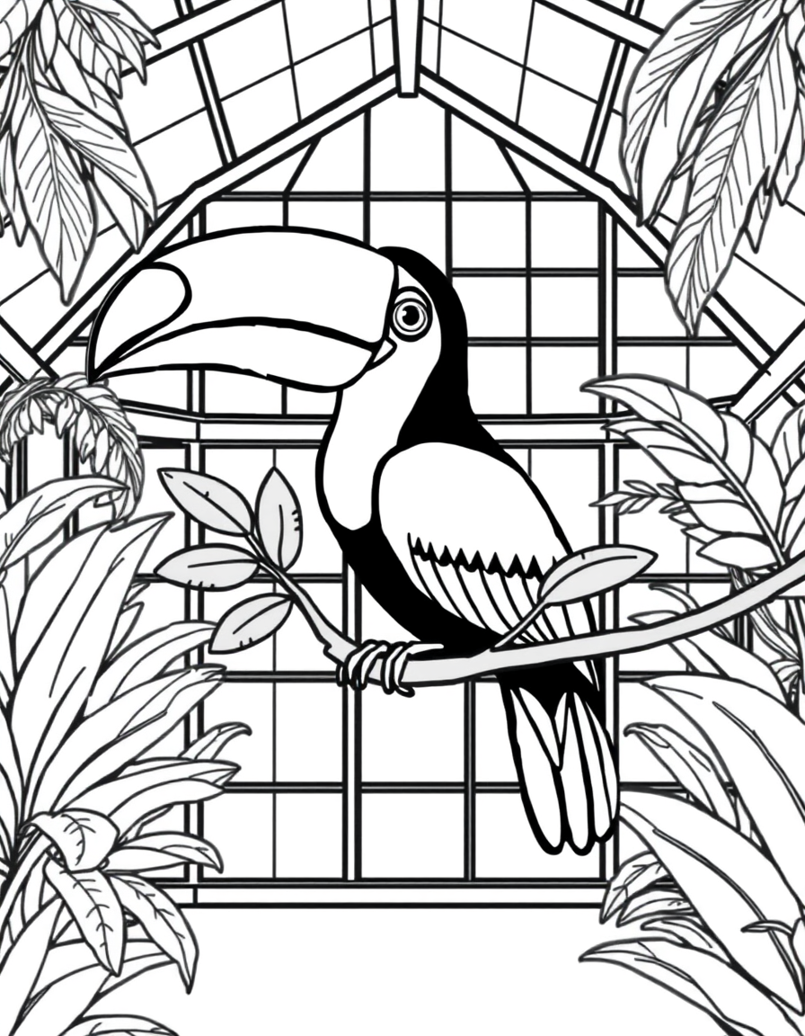 Toucan Perched in the Aviary black and white line art
