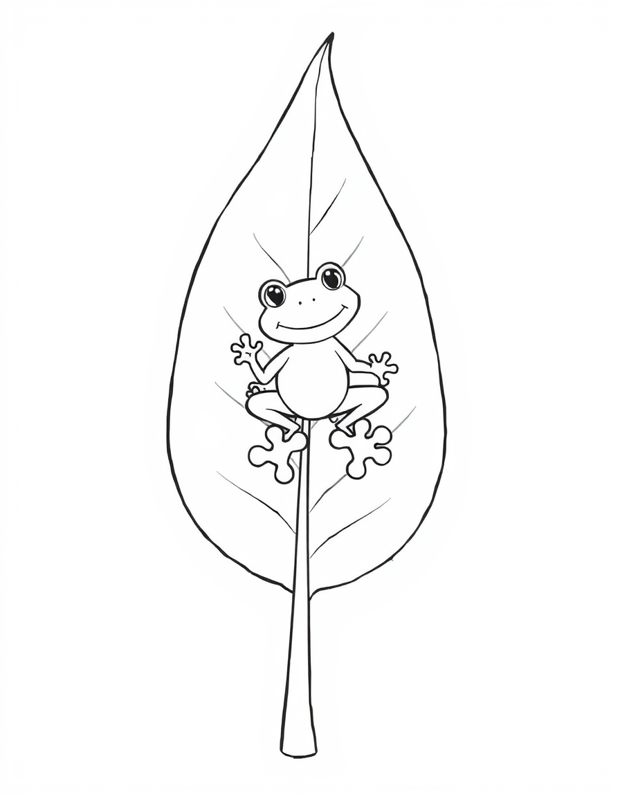 Coloring page of a cartoon tree frog climbing up a tall leaf with round toe pads