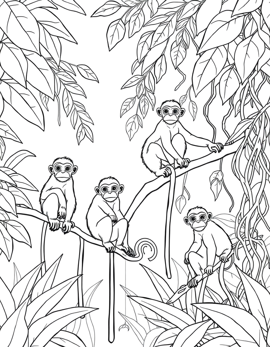 Detailed coloring page of a troop of monkeys climbing and sitting in a jungle scene