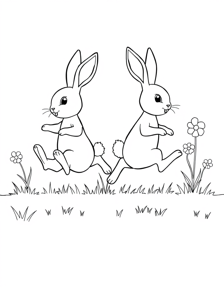 Black and white coloring page of two bunnies hopping through a meadow