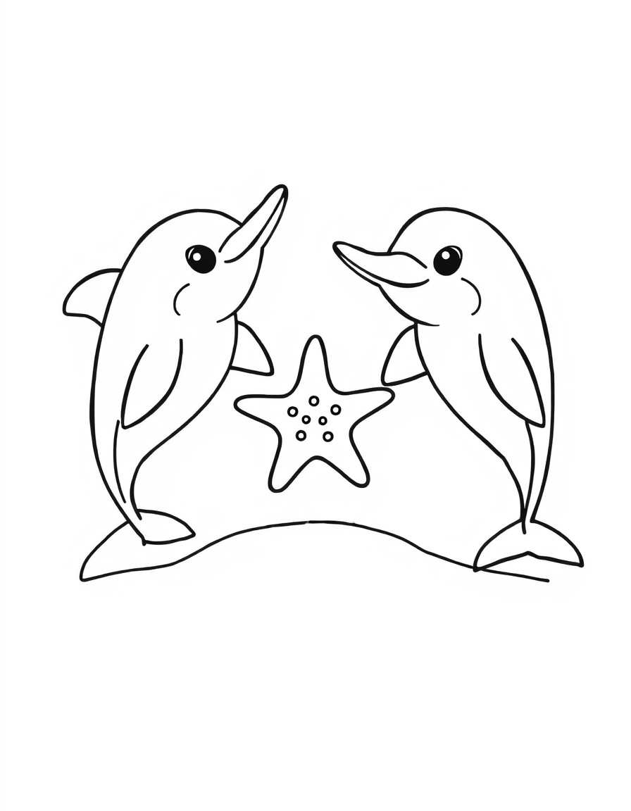 Two Cartoon Dolphins Playing With a Starfish black and white line art