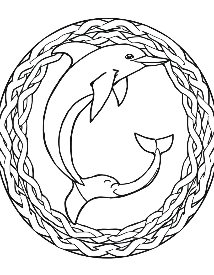 Two Dolphins Circling in a Celtic Knot Frame black and white line art