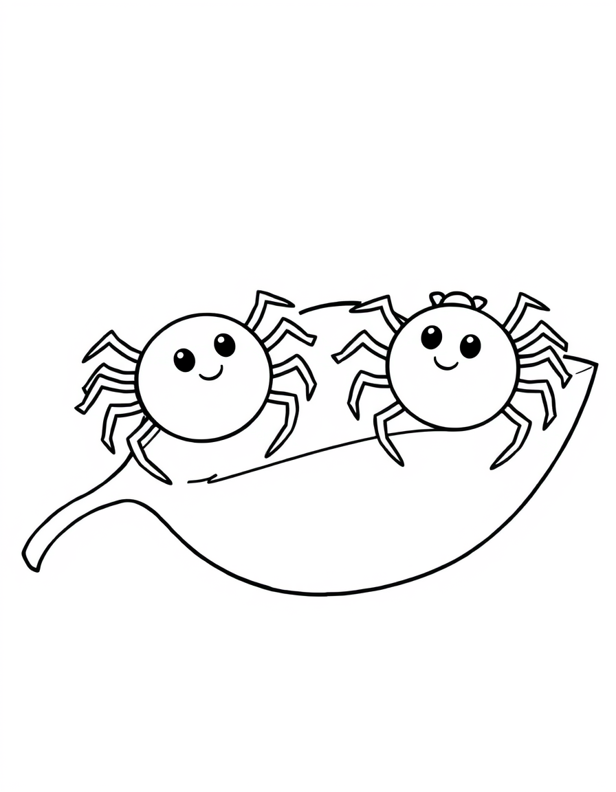 Two Friendly Spiders Sitting on a Big Leaf black and white line art