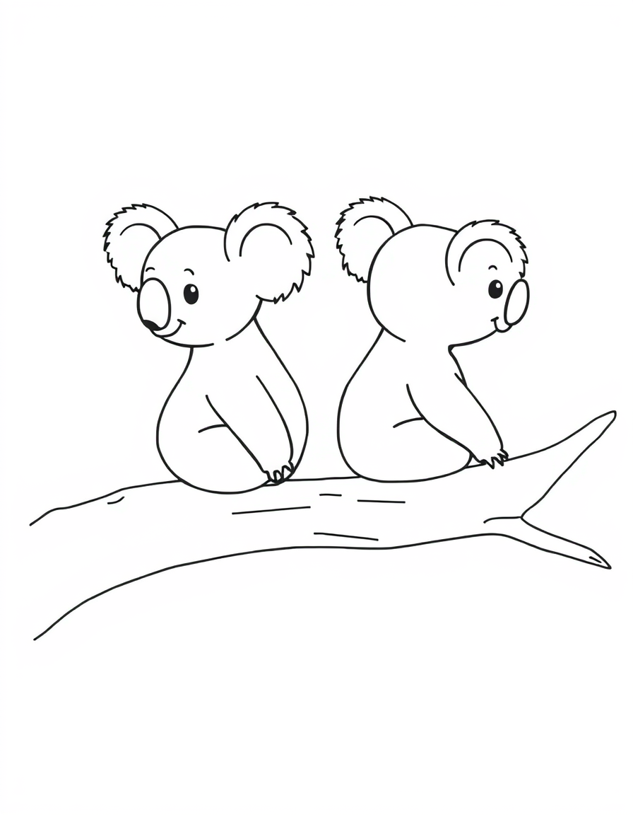 Coloring page of two cartoon koalas sitting side by side on a tree branch