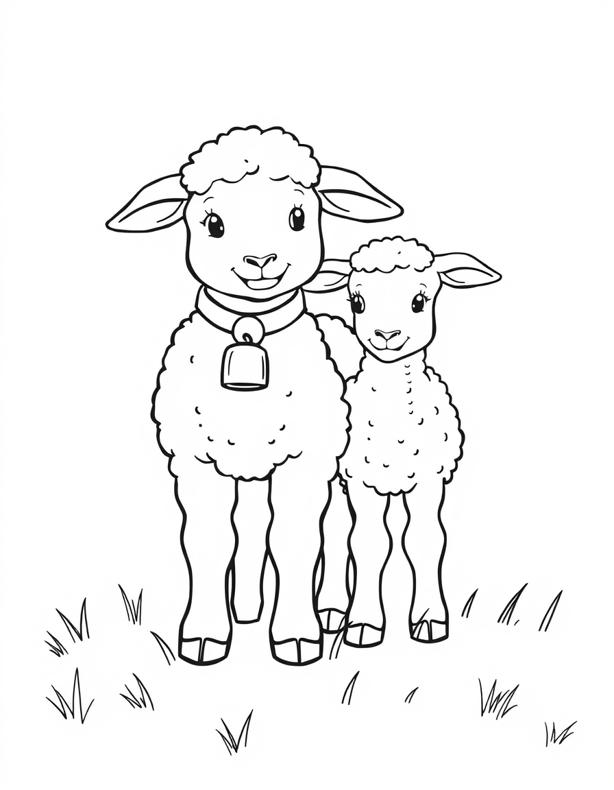 Two lambs in a field, the front one wearing a collar with a bell, thick outline coloring page
