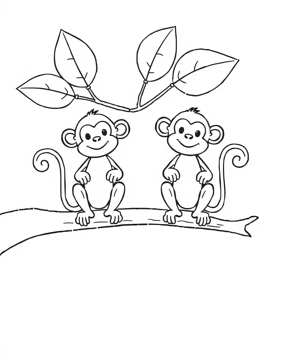 Coloring page of two monkeys sitting side by side on a tree branch under large leaves