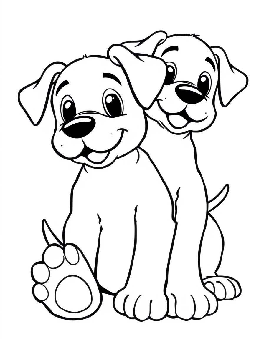 Two puppies together, the front one sitting with oversized paws, thick outline coloring page