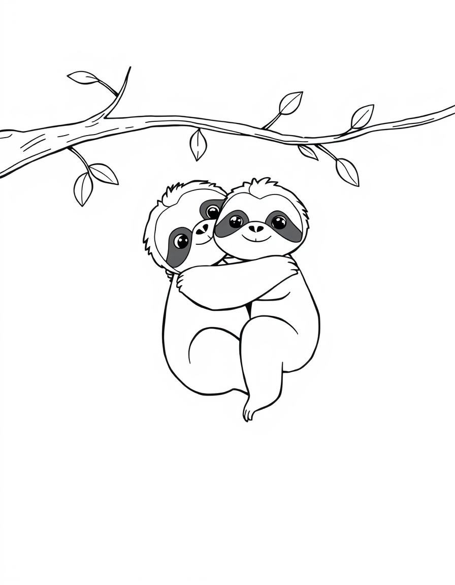 Two Sloths Hugging on a Branch black and white line art