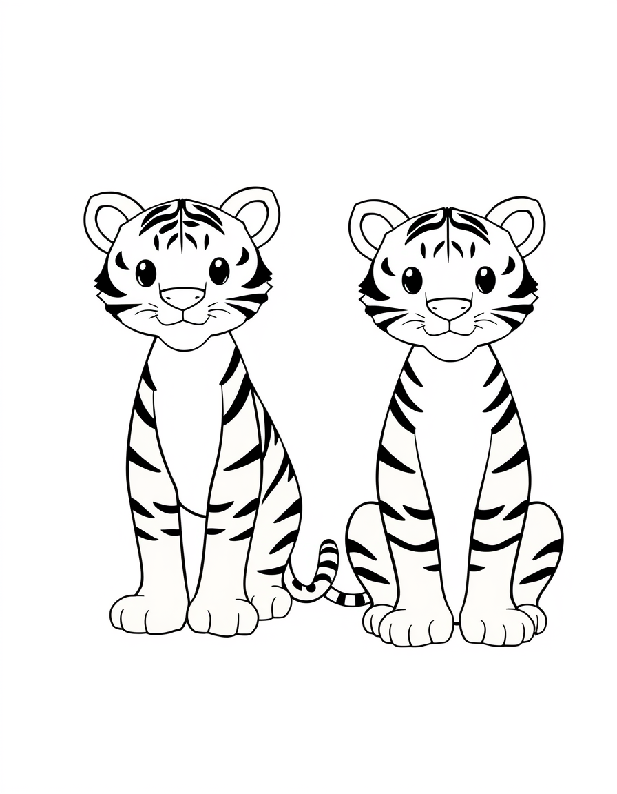 Two Tiger Cubs Sitting Side by Side black and white line art