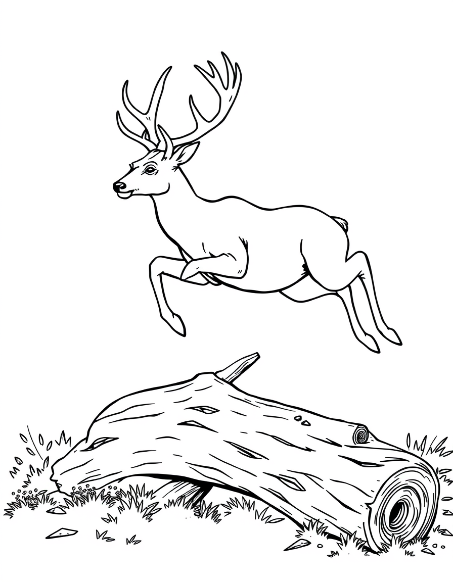 Whitetail Deer Leaping Over a Fallen Log black and white line art