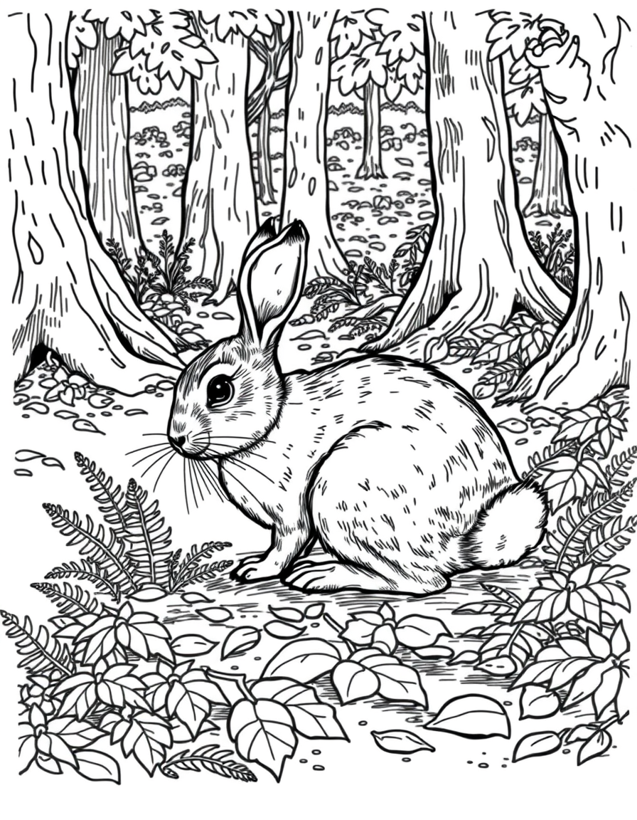 Black and white coloring page of wild rabbit in a woodland clearing