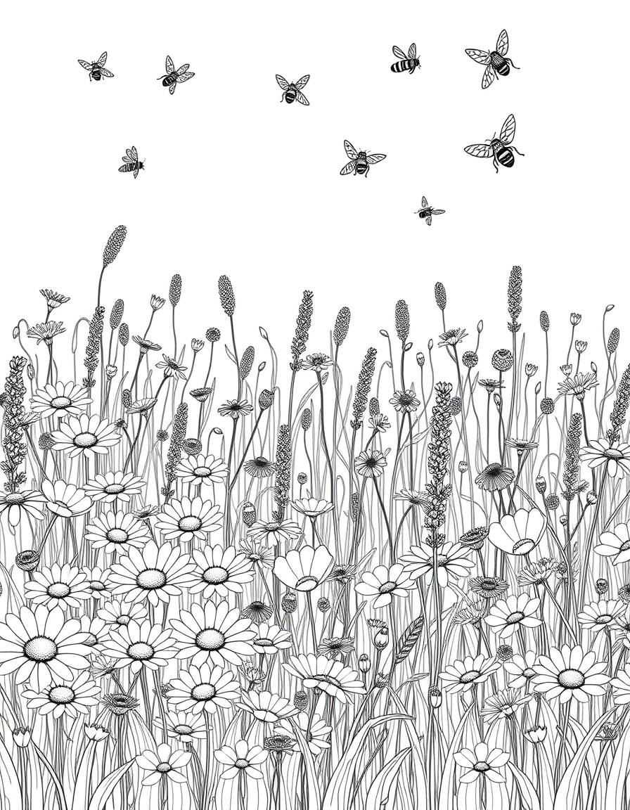 Wildflower Meadow Full of Bees and Blooms black and white line art
