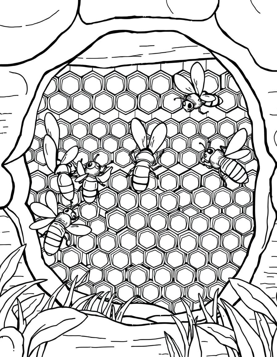 Worker Bees Building Honeycomb Inside the Hive black and white line art