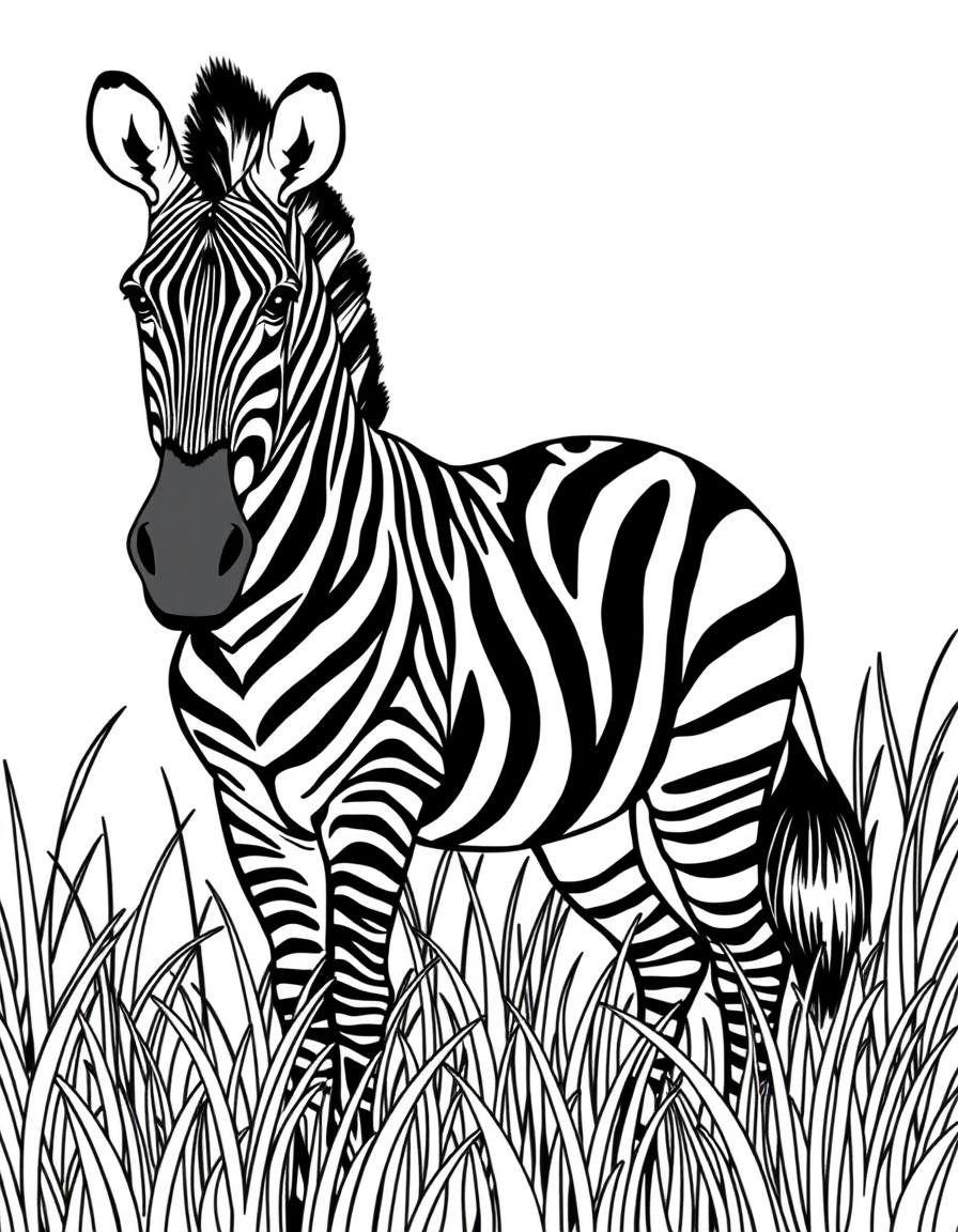 Zebra Standing in the Tall Grass black and white line art