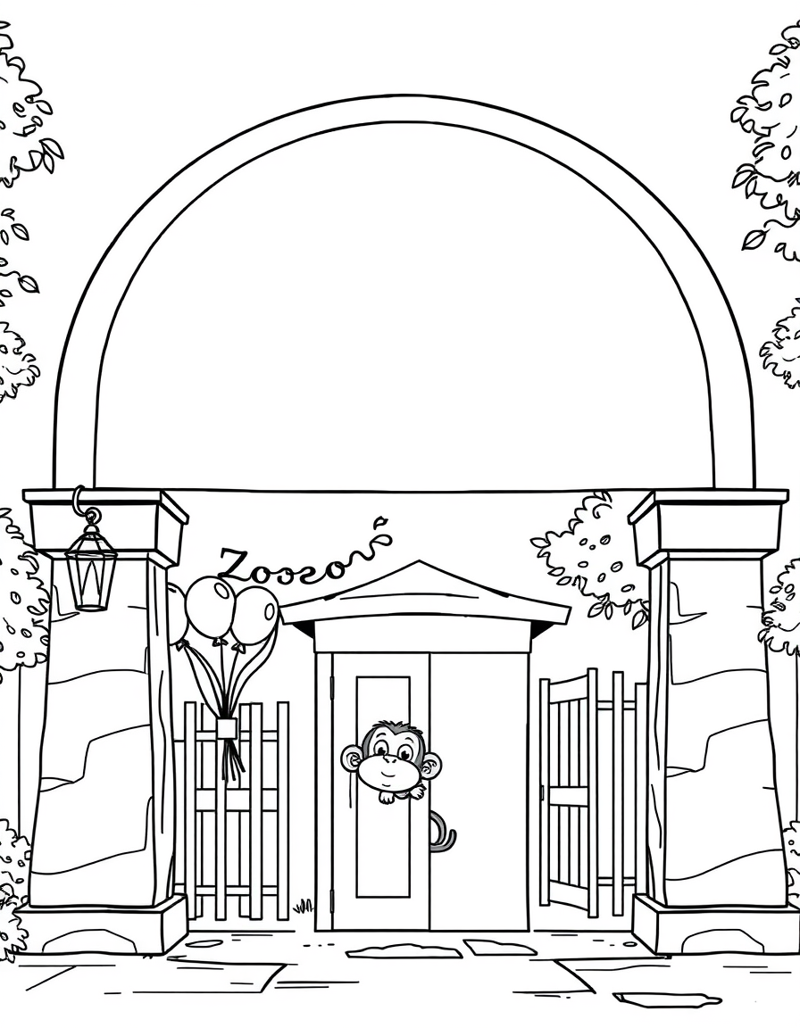 Zoo Entrance With a Welcome Sign black and white line art