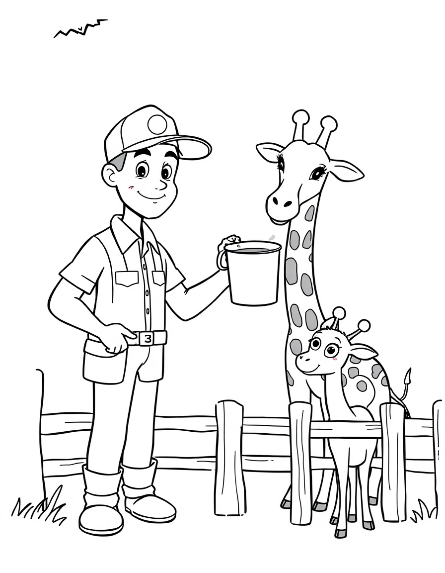 Zookeeper Feeding the Animals black and white line art